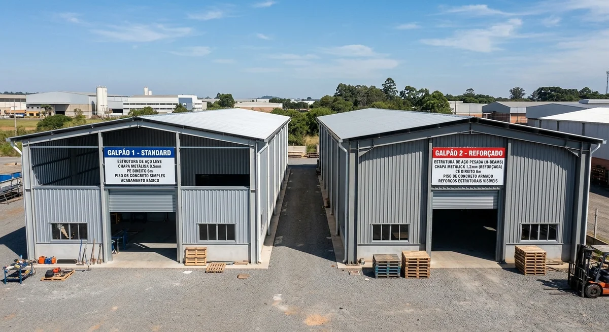 Comparativo visual entre dois galpões metálicos de mesma planta mas com especificações estruturais diferentes