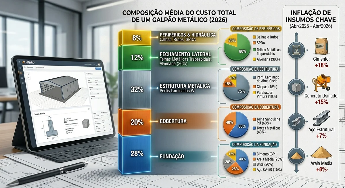 Gráfico mostrando a composição percentual do custo de um galpão metálico: estrutura, fundação, cobertura, vedação e montagem