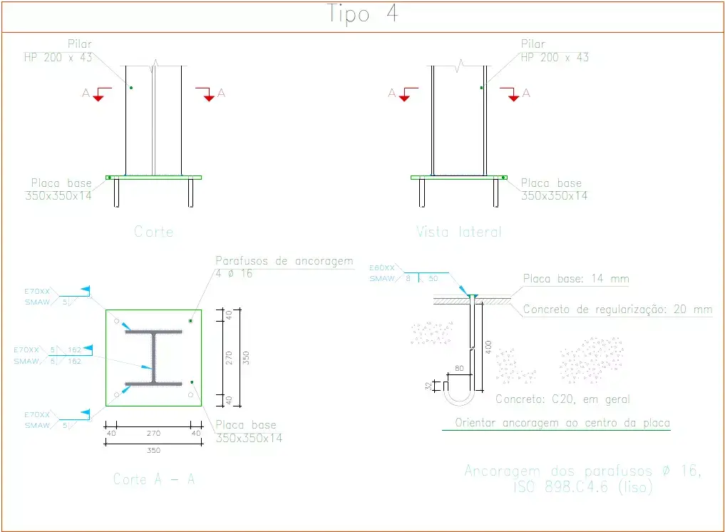 Desenho técnico de detalhe de ligação de galpão metálico