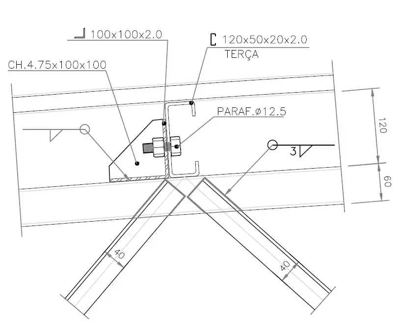 Detalhe de terça em desenho de galpão metálico