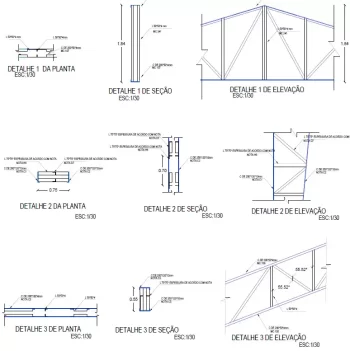 Desenho com detalhes técnicos de galpão metálico