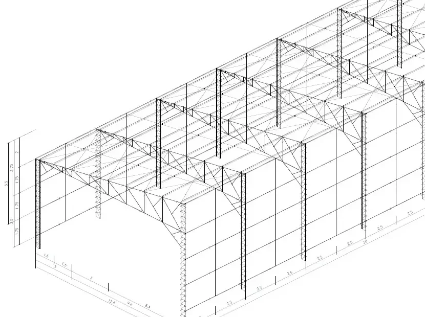 Desenho de galpão metálico em perspectiva