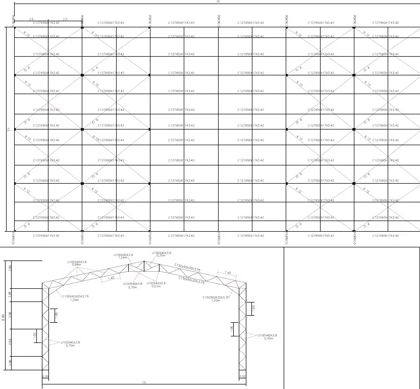Desenho de planta baixa de galpão metálico