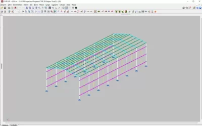 Desenho de galpão metálico gerado por software de cálculo estrutural
