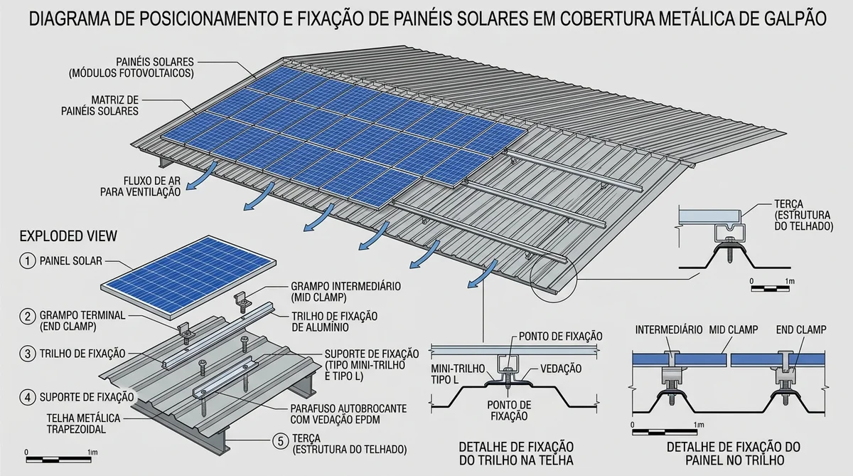 Diagrama técnico mostrando trilhos de fixação e posicionamento de painéis solares sobre cobertura de galpão metálico