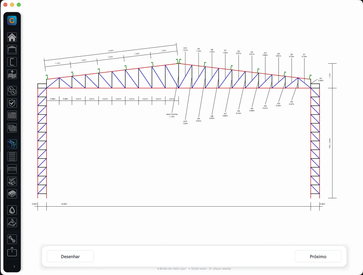eGalpão mostrando cálculo de treliça metálica com distribuição de terças e montantes