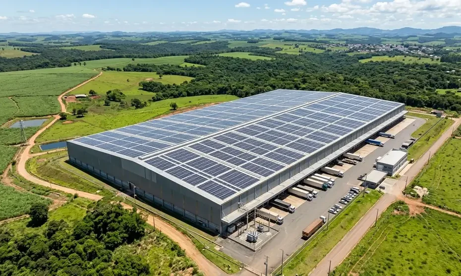 Vista aérea de galpão metálico industrial com painéis solares fotovoltaicos cobrindo toda a cobertura