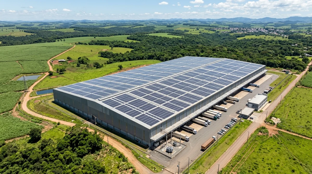 Vista aérea de galpão metálico industrial com painéis solares fotovoltaicos cobrindo toda a cobertura