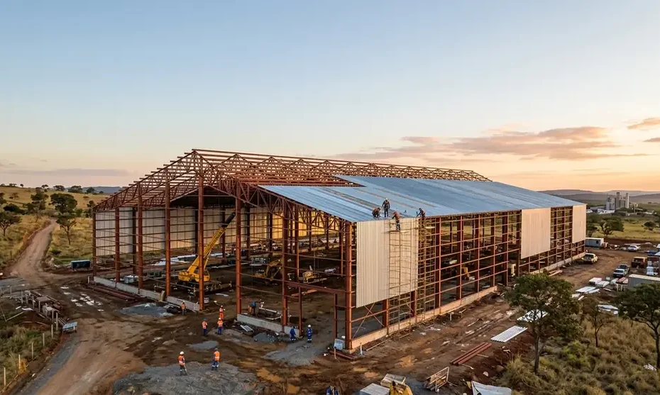 Galpão metálico em fase de construção com estrutura de aço aparente e cobertura sendo instalada
