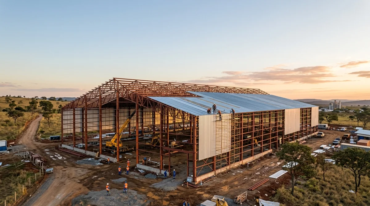 Galpão metálico em fase de construção com estrutura de aço aparente e cobertura sendo instalada