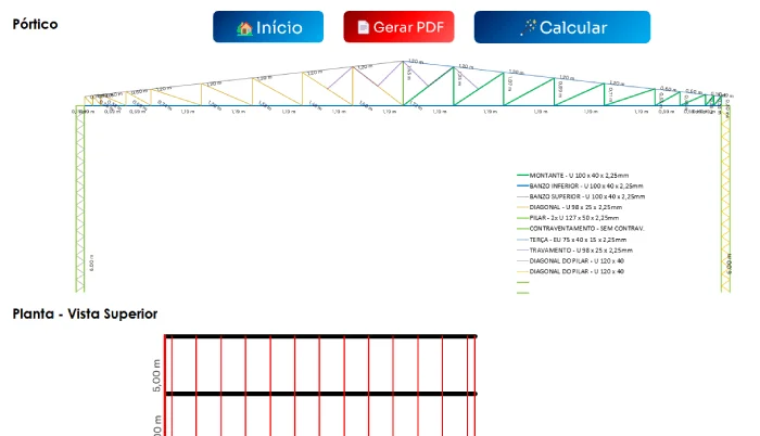 Interface do eGalpão para cálculo de treliça metálica