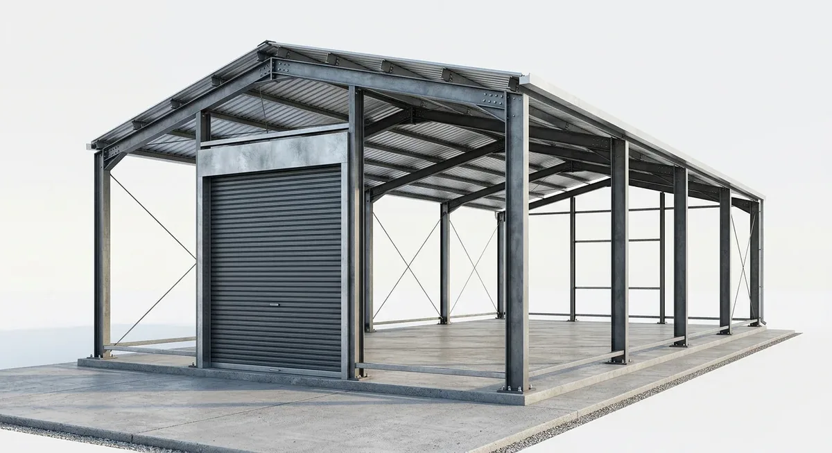 Projeto de galpão pequeno em estrutura metálica — render 3D