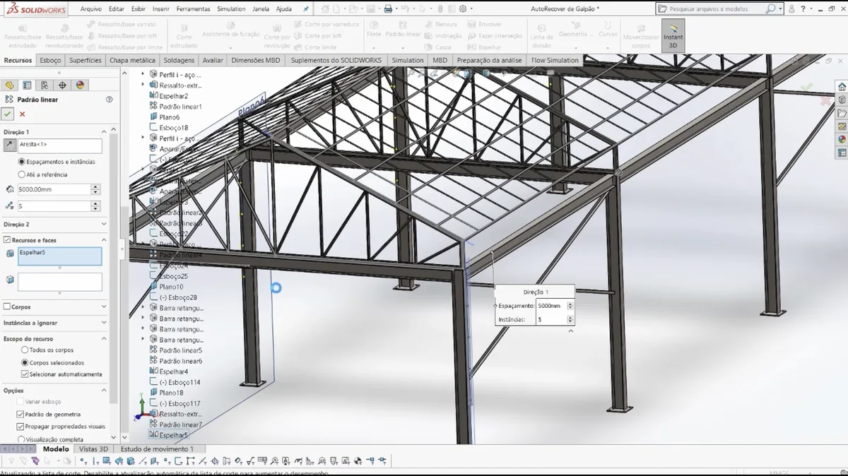 Interface do SolidWorks com estrutura metálica 3D usando o módulo Weldments
