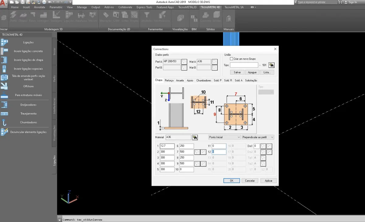 Interface do TECNOMETAL com detalhamento de ligação de estrutura metálica no AutoCAD
