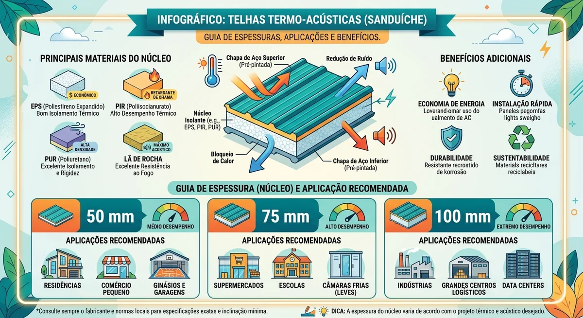 Esquema técnico das três camadas da telha sanduíche: chapa externa galvanizada, núcleo isolante e chapa interna