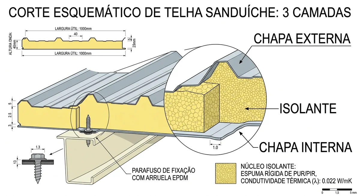 Diagrama técnico mostrando sobreposição, posição dos parafusos nas ondas altas e sentido de montagem da telha sanduíche