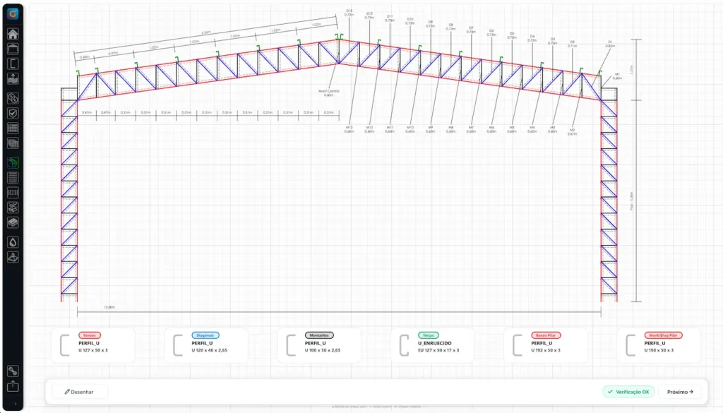 Tesoura Metálica de 20 Metros: geometria, espaçamento de terças e dimensionamento