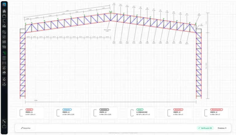 Tesoura Metálica de 20 Metros: geometria, espaçamento de terças e dimensionamento