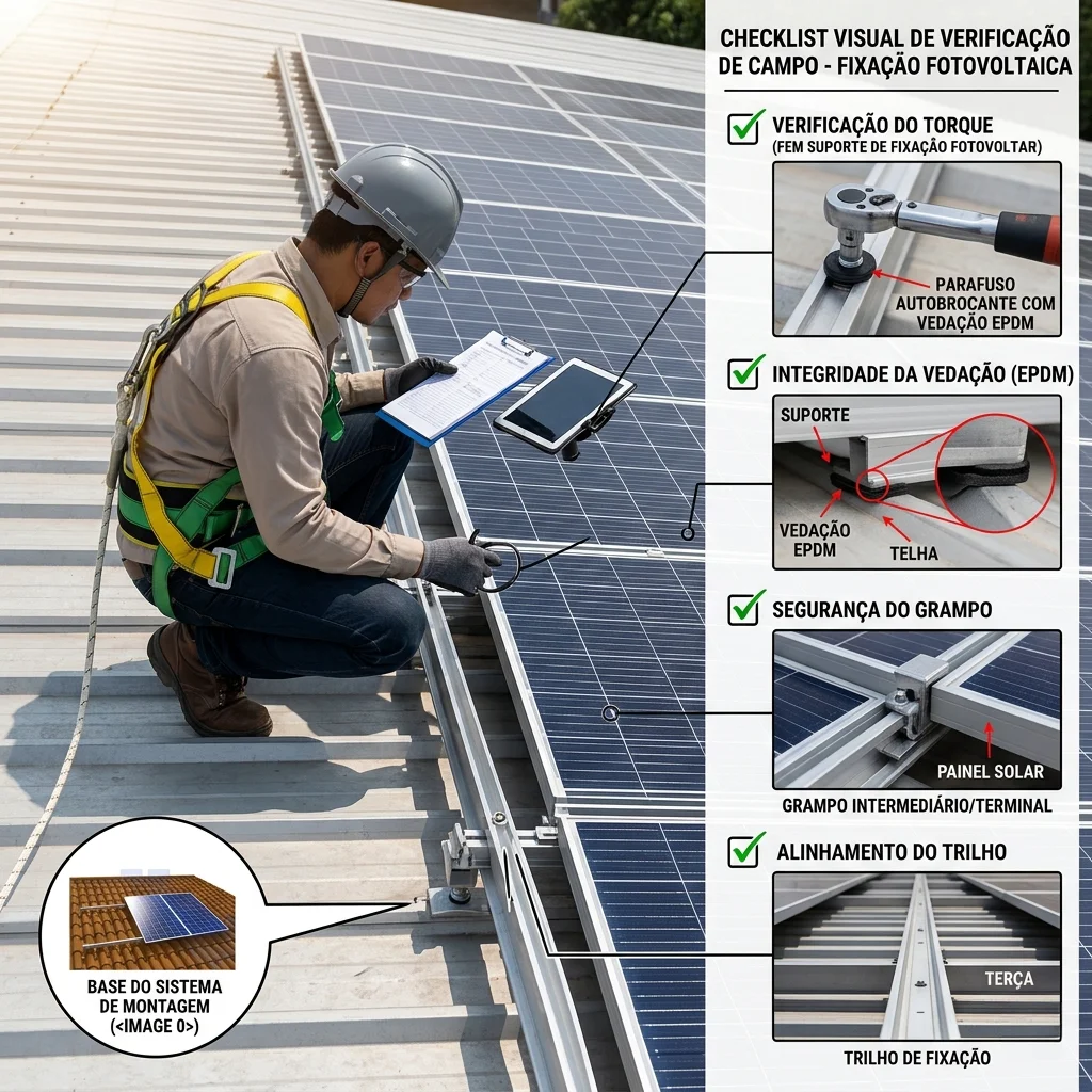 Técnico verificando a fixação de painéis solares na cobertura de um galpão metálico