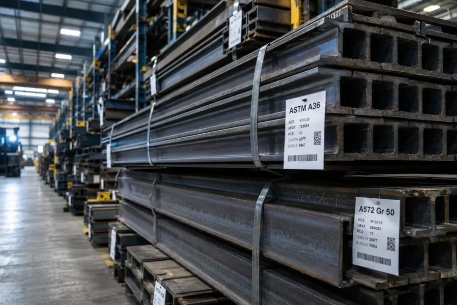 Perfis laminados de aço estrutural empilhados em armazém de distribuidor com etiquetas indicando ASTM A36 e A572