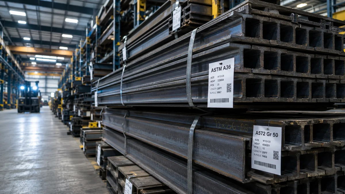 Perfis laminados de aço estrutural empilhados em armazém de distribuidor com etiquetas indicando ASTM A36 e A572