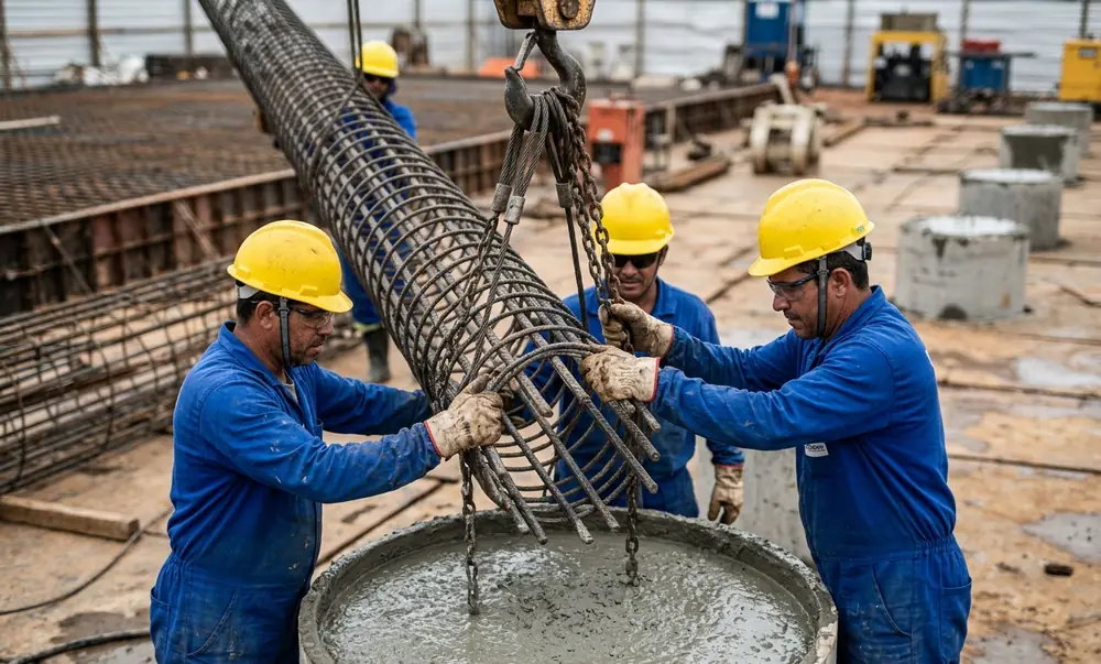 Operários introduzindo gaiola de armadura em estaca hélice contínua com concreto fresco