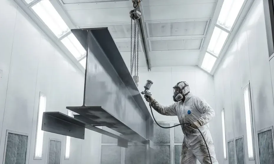 Cabine de pintura industrial fechada com pintor aplicando primer em peça metálica suspensa