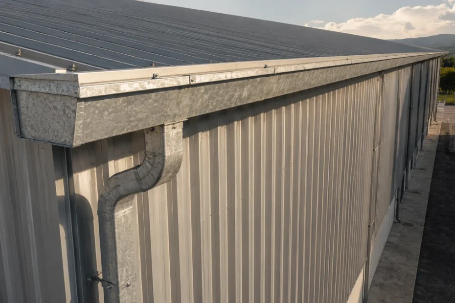 Calha lateral de aço galvanizado em galpão metálico industrial com tubo de descida