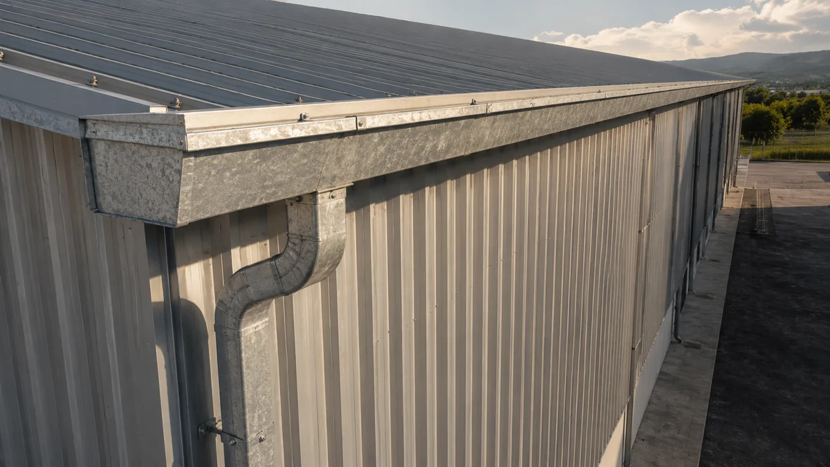Calha lateral de aço galvanizado em galpão metálico industrial com tubo de descida