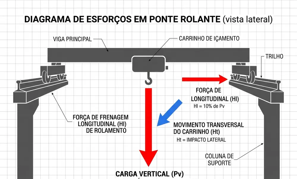 Diagrama das cargas vertical, longitudinal de frenagem e transversal de movimentação da ponte rolante
