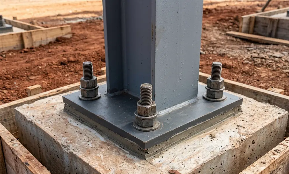 Chapa de base metálica com 4 chumbadores ancorada em sapata de concreto na base de pilar de galpão