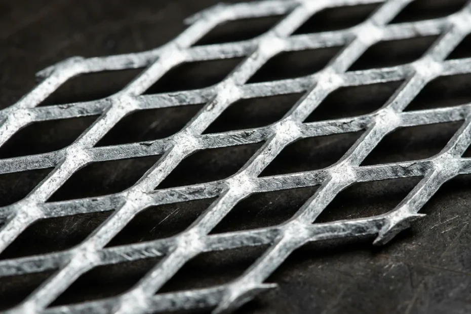 Macro de chapa expandida metálica galvanizada mostrando padrão losangular dos furos