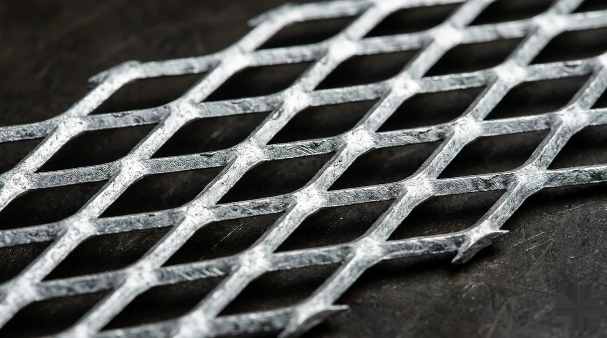 Macro de chapa expandida metálica galvanizada mostrando padrão losangular dos furos