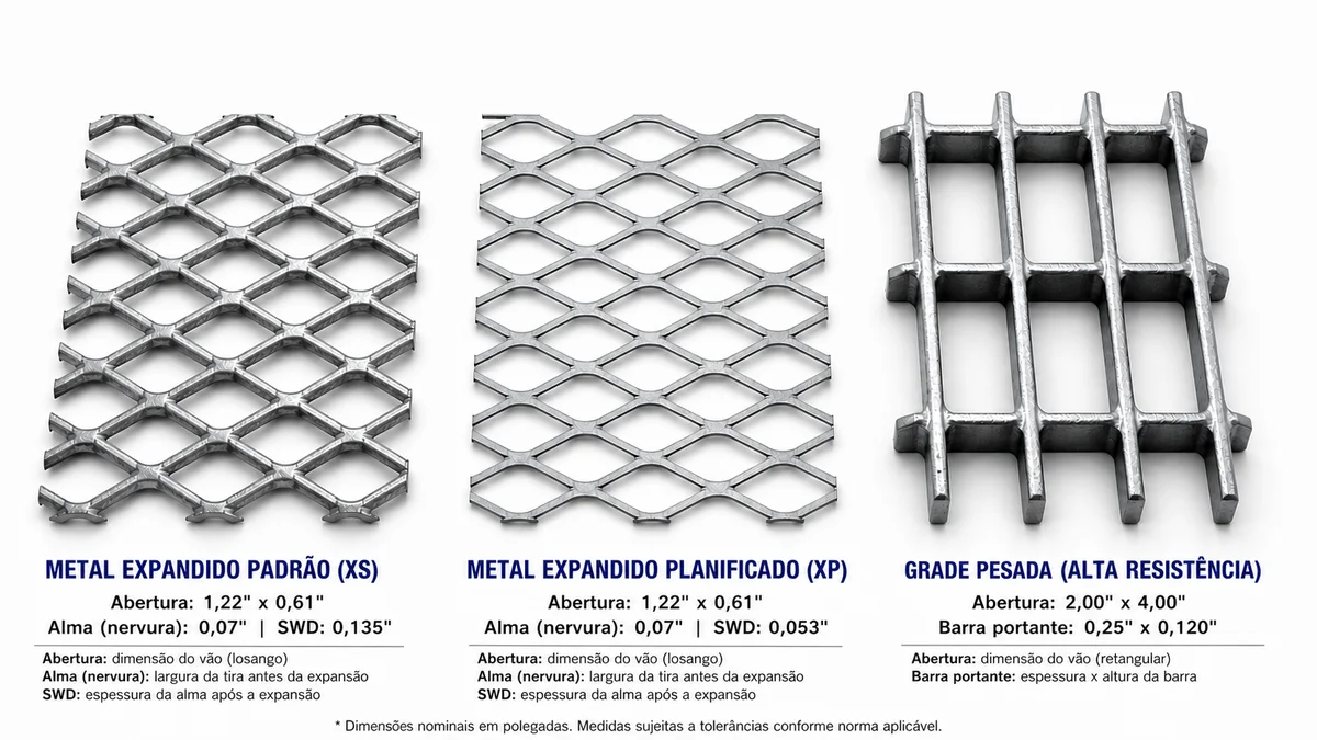 Comparativo lado a lado de tipos de chapa expandida metálica: standard, planificada e grating pesado