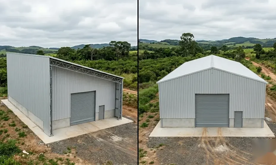 Comparativo lado a lado de dois galpões metálicos: cobertura de uma água vs cobertura de duas águas