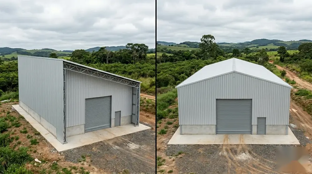 Comparativo lado a lado de dois galpões metálicos: cobertura de uma água vs cobertura de duas águas