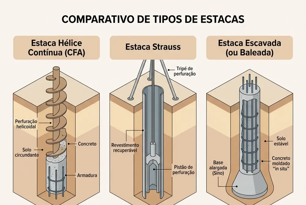 Comparativo técnico em corte entre estaca hélice contínua, estaca Strauss e estaca escavada