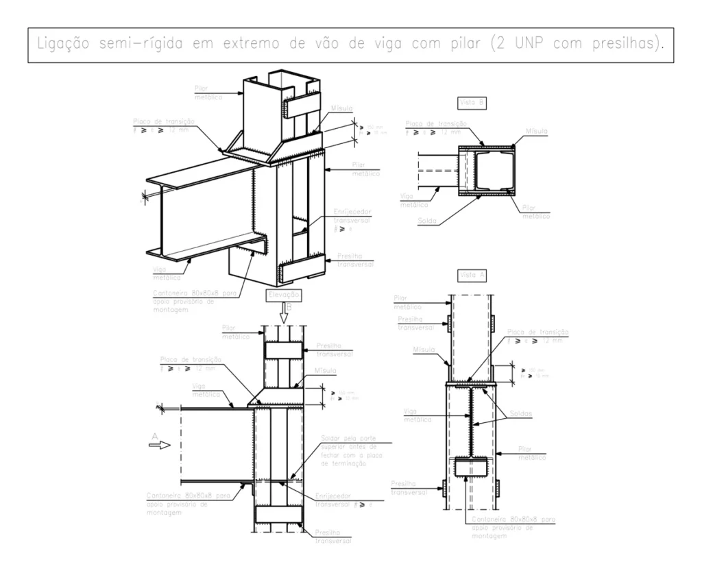 Ligação Semi-Rígida em Estrutura Metálica: Detalhes em DWG