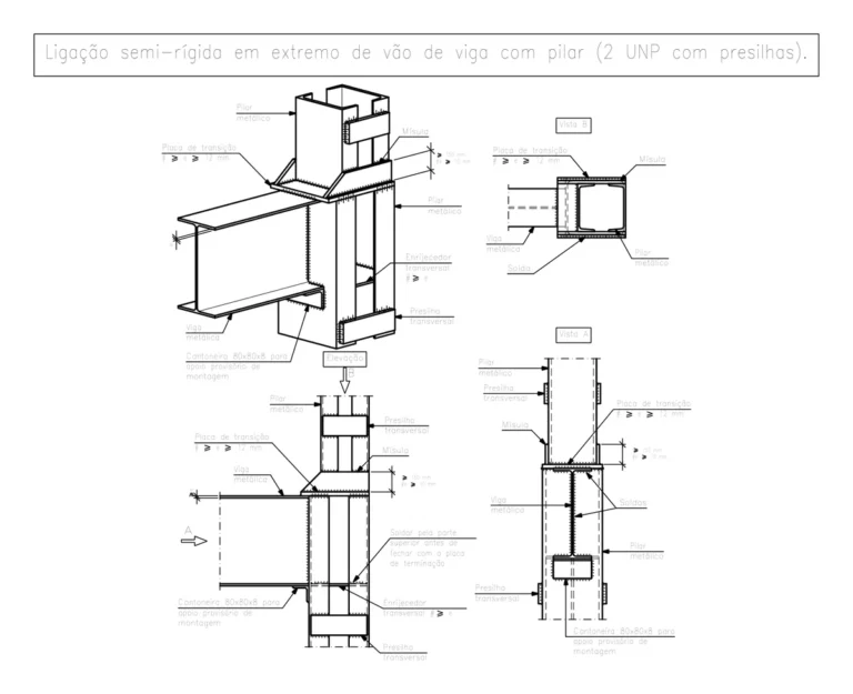 Ligação Semi-Rígida em Estrutura Metálica: Detalhes em DWG