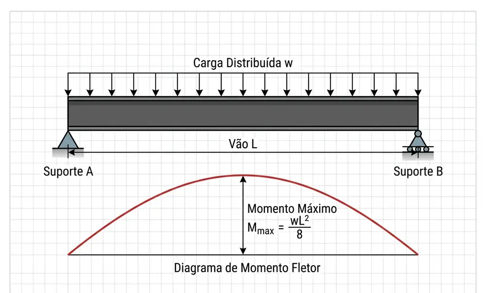 Diagrama de momento fletor de viga de aço biapoiada com carga uniformemente distribuída