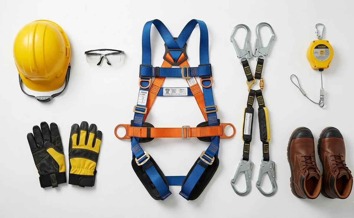 Kit de EPIs para trabalho em altura: cinto paraquedista, talabarte duplo, trava-quedas, capacete e botas