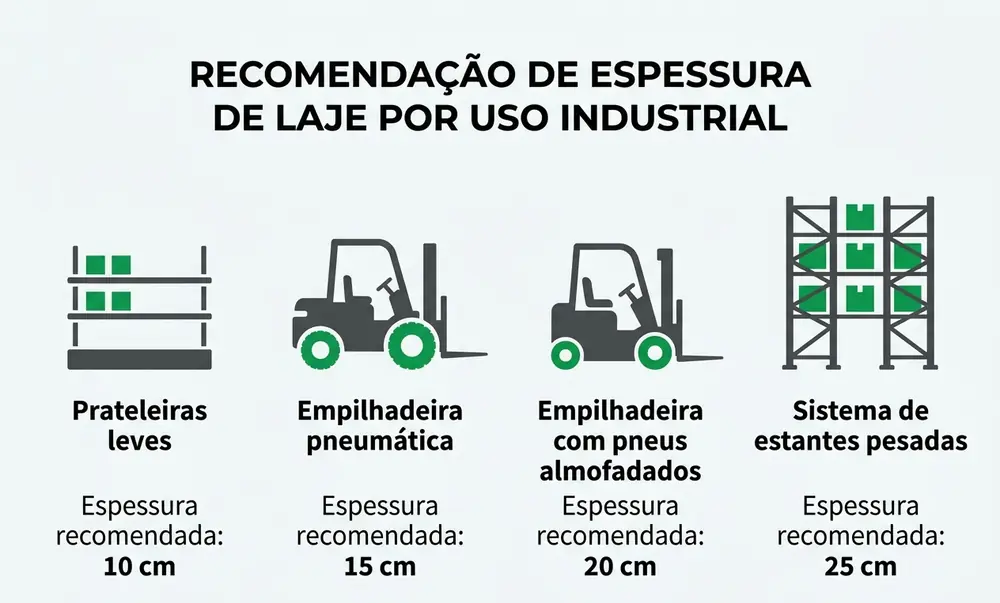 Infográfico com espessura recomendada de piso industrial para estoque leve, empilhadeira pneumática, roda dura e porta-pallet