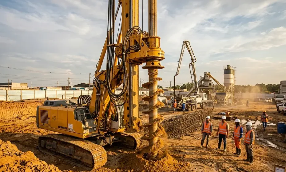Perfuratriz CFA executando estaca hélice contínua em canteiro de obra industrial brasileiro