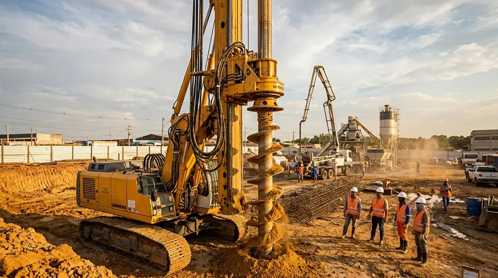 Perfuratriz CFA executando estaca hélice contínua em canteiro de obra industrial brasileiro