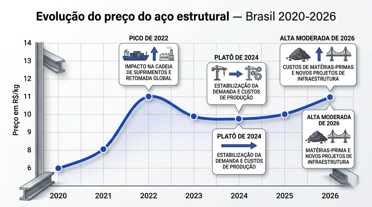 Gráfico de linha mostrando a evolução do preço do aço estrutural no Brasil de 2020 a 2026