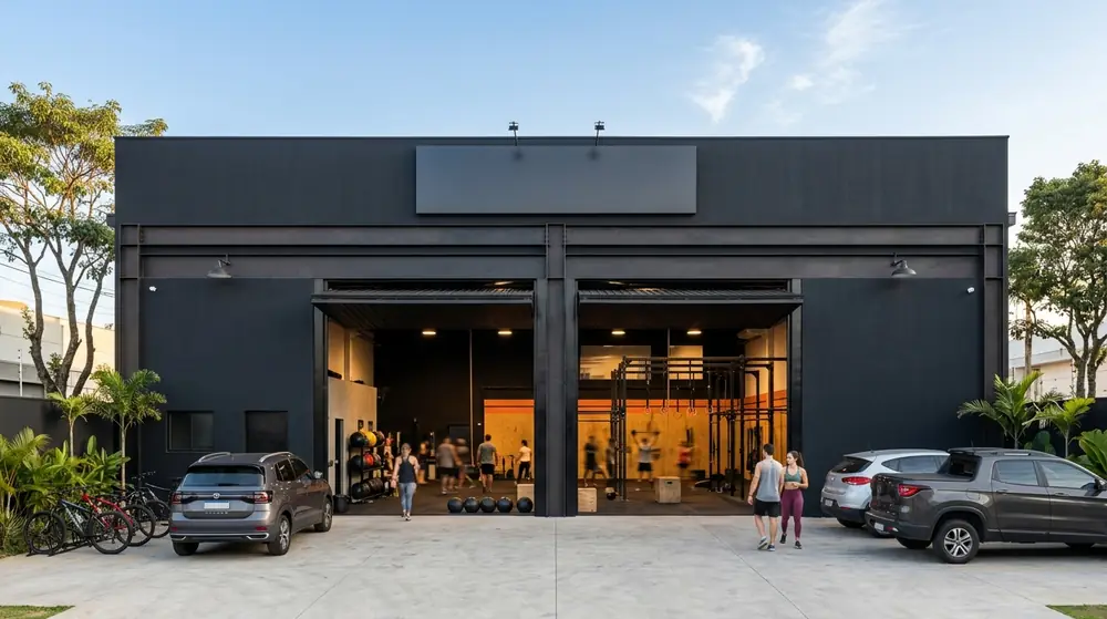 Fachada externa moderna de box de CrossFit em galpão metálico preto com portões basculantes abertos