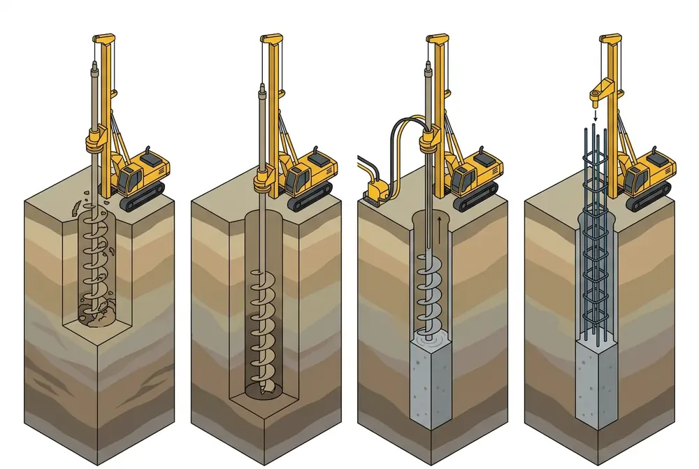 Diagrama com as 4 fases de execução da estaca hélice contínua: perfuração, profundidade final, concretagem e armadura