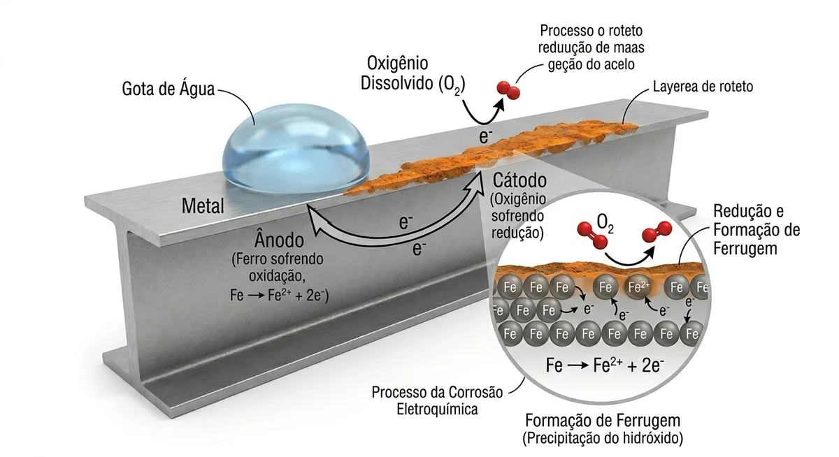 Diagrama técnico mostrando o processo eletroquímico da formação de ferrugem em viga de aço