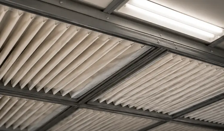 Detalhe dos filtros de papel pregueado em cabine de pintura industrial montados em estrutura metálica