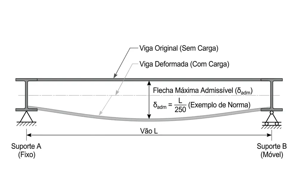 Esquema da flecha admissível em viga de aço estrutural biapoiada com carga distribuída